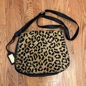 Badgley Mishka Calf Hair Leopard Print and Black Leather Crossbody Saddl…
